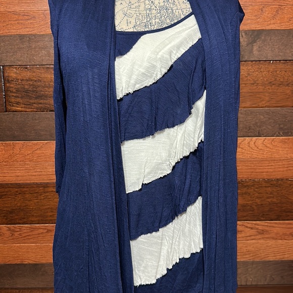 Le Rouge Stretchy Scoop Neck Long Sleeve Navy and White Built in Cardigan Blouse - Picture 3 of 9